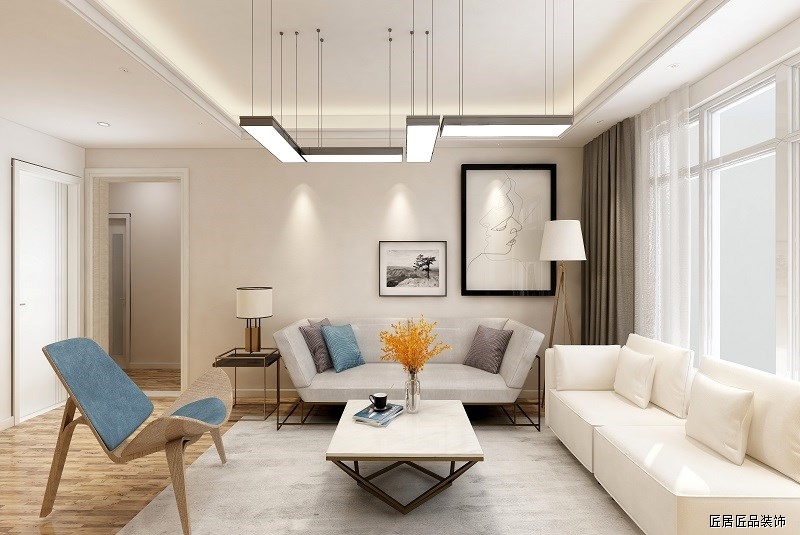 客廳以簡單的造型作爲空間的亮點。清爽的配色，簡約的設計，塑造一(yī)方減壓空間。