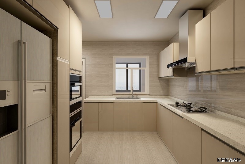 L型廚房，動線合理，簡單的配色更顯幹淨整潔。