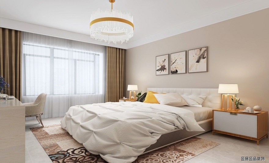 卧室整體(tǐ)燈光采用暖色調，溫馨和諧